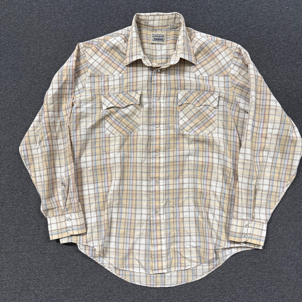 Vintage Levis Western Pearl Snap Shirt Mens XL Tan Plaid Good Long Sleeve Pocket